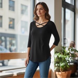 NWT•L-2X•Essential Threads Perfect Comfort Cross Strap Round Hemline Top NWT